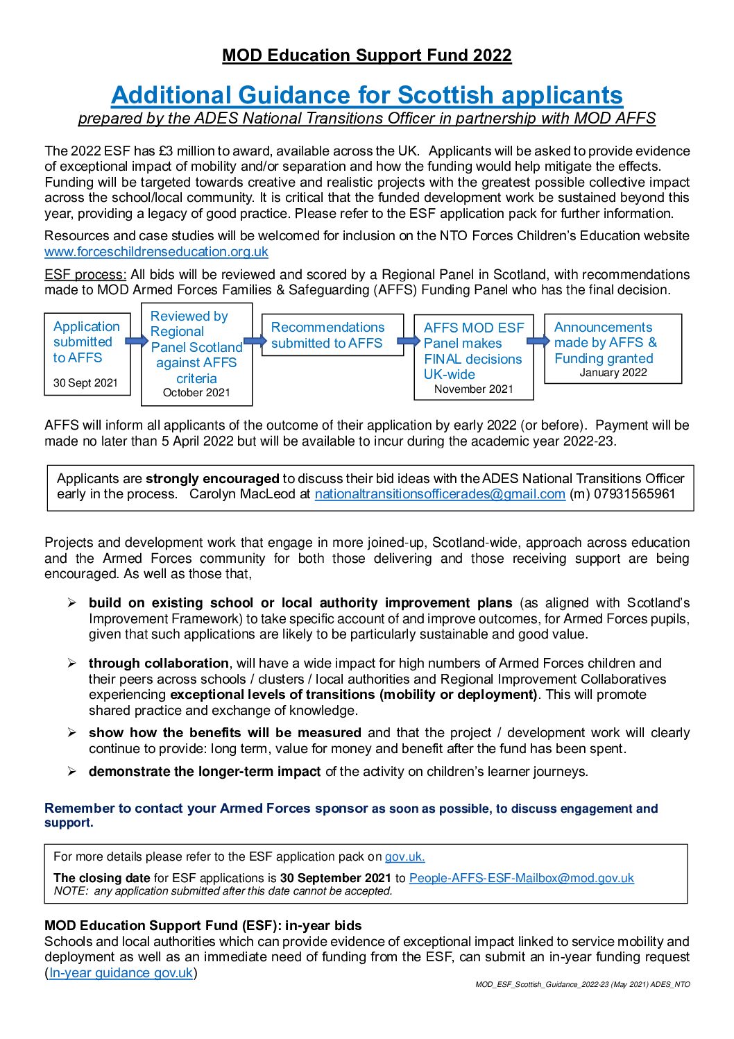 MoD Education Support Fund 2022